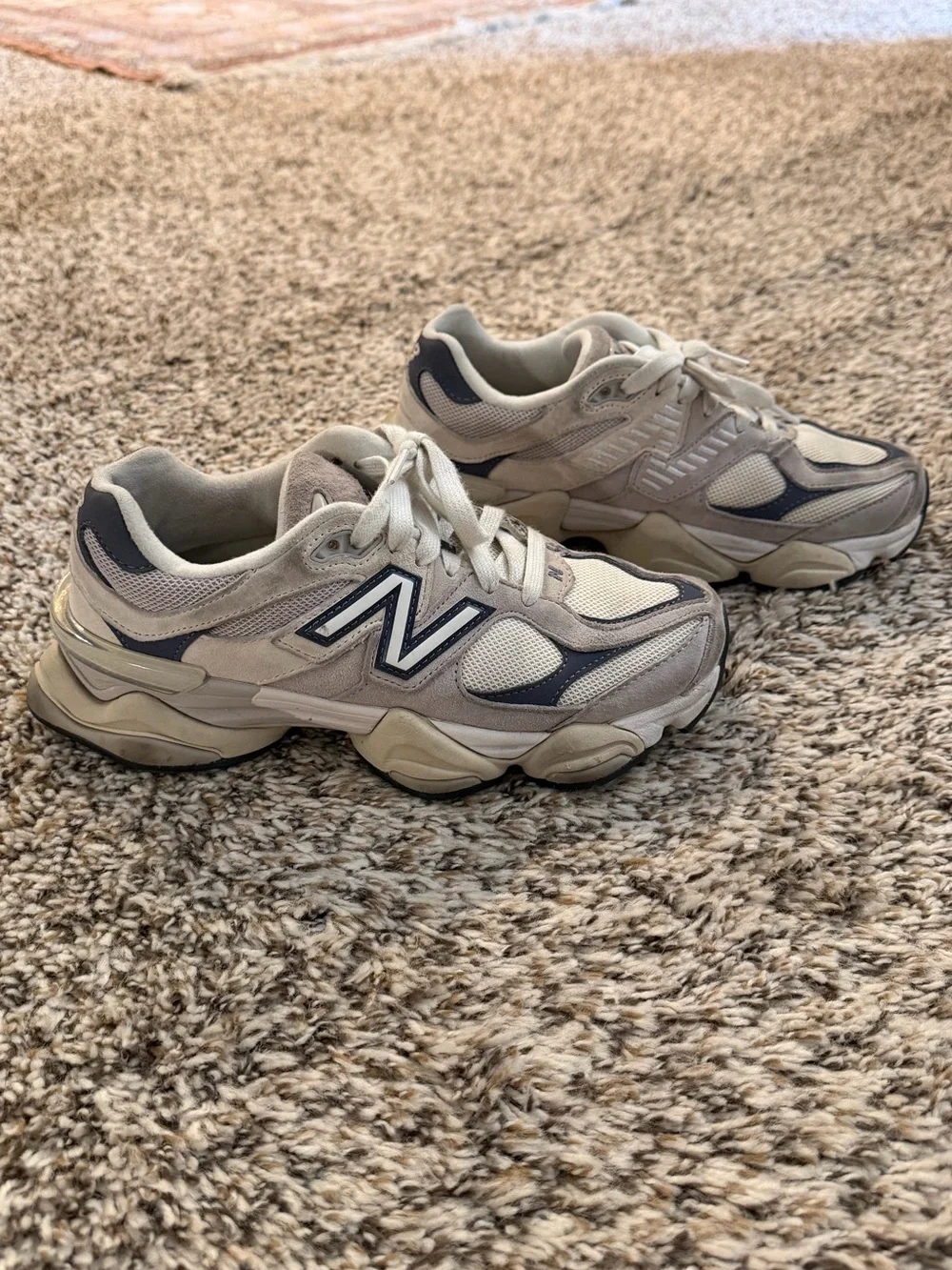 New Balance 9060 Cream Taupe Navy Suede Mesh Chunky Sneakers